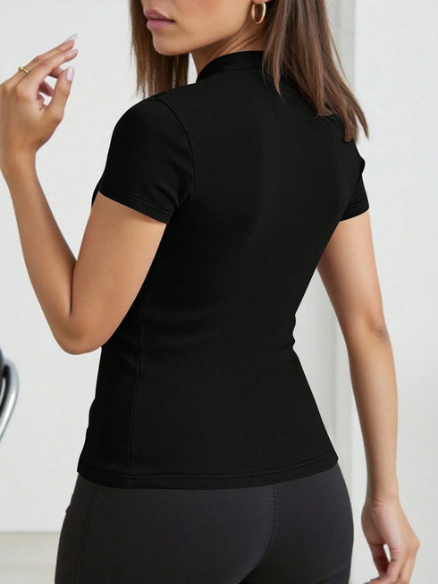 SHEIN Women's Solid Color Half-Zip Collar Short Sleeve Fitted Summer T-Shirt00