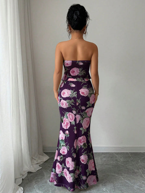 SHEIN Zolique 2 Pieces Tie Knot Sexy Women's Rose Print Tube Top And Long Fish Tail Skirt, New Year's Party Purple Floral 200