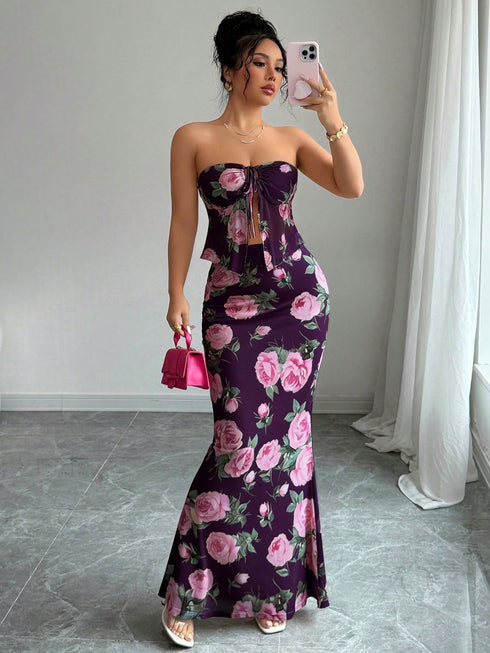 SHEIN Zolique 2 Pieces Tie Knot Sexy Women's Rose Print Tube Top And Long Fish Tail Skirt, New Year's Party Purple Floral 2