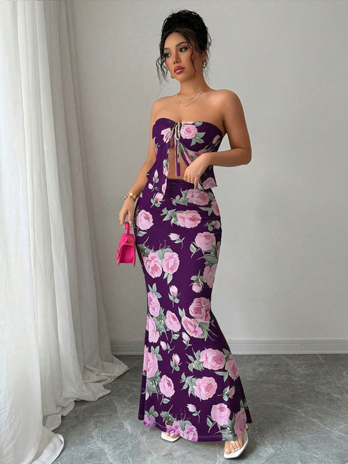 SHEIN Zolique 2 Pieces Tie Knot Sexy Women's Rose Print Tube Top And Long Fish Tail Skirt, New Year's Party Purple Floral