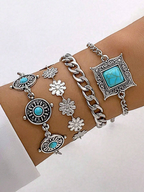 SHEIN imoli 4 PCS Beach Holiday Style Green Turquoise Square Petal Silver Bracelets Set For Women Party Gift (Black Fading Effect Random Size And Asymmetrical Flower Quantity) Valentines