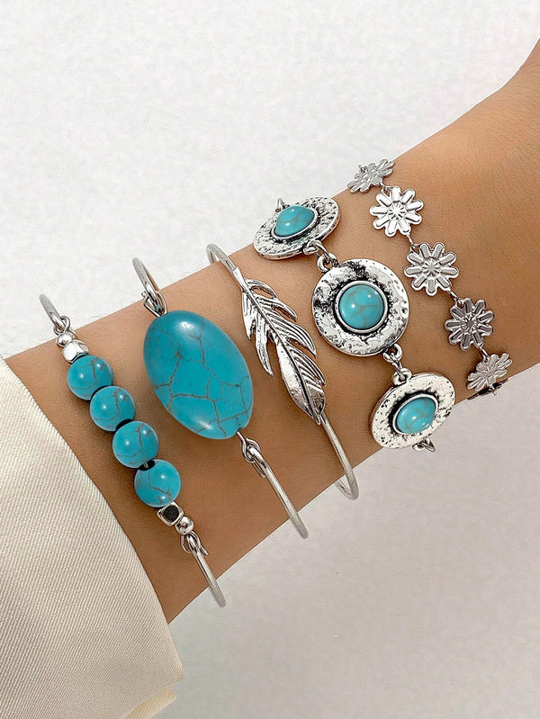 SHEIN imoli 5pcs Turquoise & Rice Bead Bracelets Set For Women, Casual Dating Gift (turquoise Veins Vary