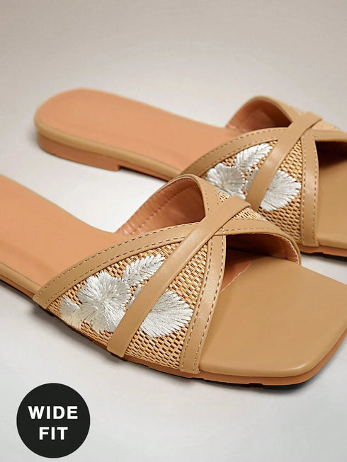 SHEIN SHUZIA Women's Wide-Fit Fashion Comfortable Straw Raffia Band Flat Sandals