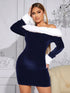 SXY Women Elegant Plush Trim Off Shoulder Bodycon Dress