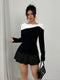 Selianne Women Bow Decor Contrast Color Knitting Long Sleeve