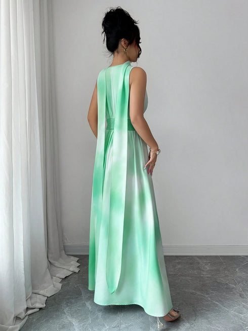 SHEIN Selianne Tie Dye Dye Gradient Print V-Neck Sleeveless Ruched Dress With Shoulder Tie Decor, Elegant Sophisticated Long Dress
