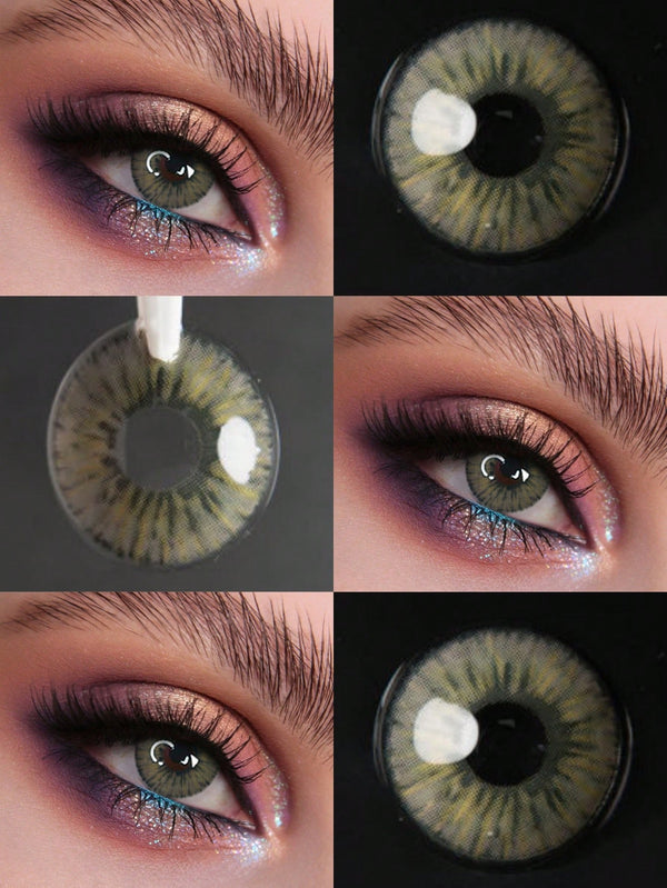 Collage of contact lenses worn in eyes with close-up shots on a black background.