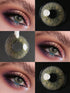 Collage of contact lenses worn in eyes with close-up shots on a black background.
