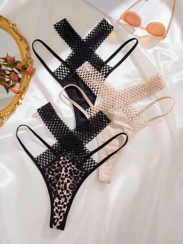 Shein Underwear&Sleepwear Basics 3packs Leopard Print Hollow Out Sexy Thongs