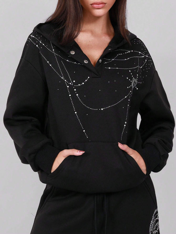 SHEIN Shiny Ribbed Rhinestone Pocket Collegiate Sweatshirt