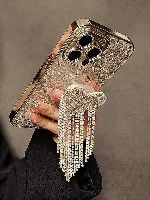 SHEIN Valentines Sequins 2000s Fashion Silver Y2k Luxurious Electroplated Glitter & Rhinestone Heart Tassel Phone Case