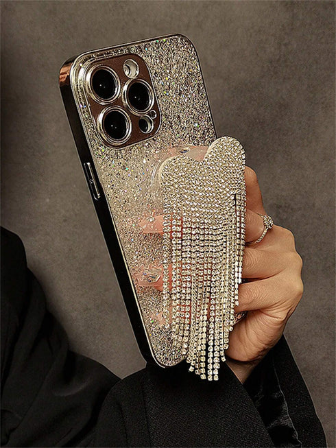 SHEIN Valentines Sequins 2000s Fashion Silver Y2k Luxurious Electroplated Glitter & Rhinestone Heart Tassel Phone Case