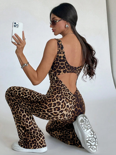 SHEIN Women's slim-fit jumpsuit with a leopard print and wide straps