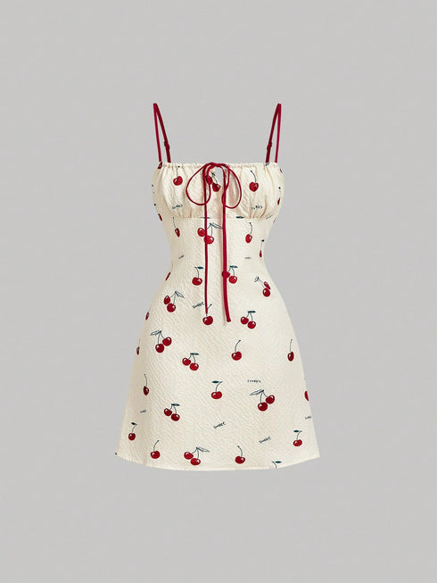 SHEIN Skyraze Cherry Blossom Print Ruched Bust Cami Dress, Spring, Tea Party Vacation Women