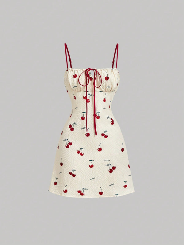 SHEIN Skyraze Cherry Blossom Print Ruched Bust Cami Dress, Spring, Tea Party Vacation Women
