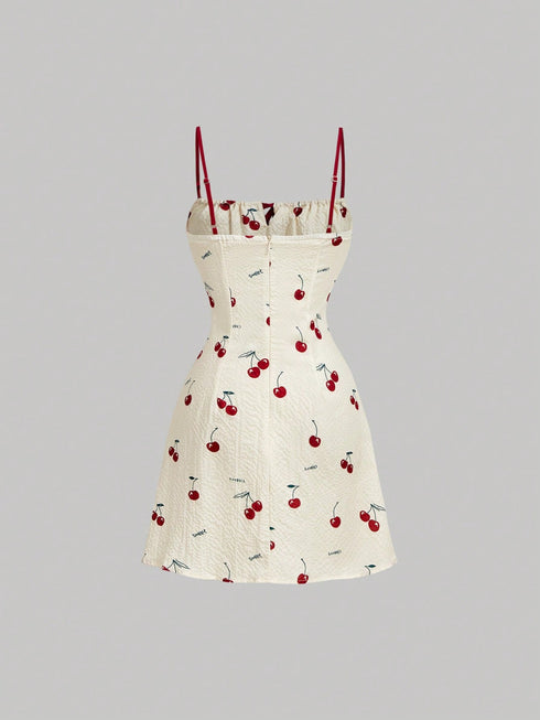 SHEIN Skyraze Cherry Blossom Print Ruched Bust Cami Dress, Spring, Tea Party Vacation Women