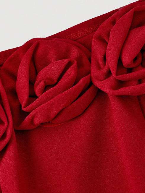 SHEIN Skyraze Red Elegant Summer Party Dress,Women's Off-Shoulder Short Dress With 3D Floral Decorations,Waist-Defining Princess Style Formal Gown For Prom,Festival