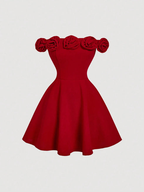 SHEIN Skyraze Red Elegant Summer Party Dress,Women's Off-Shoulder Short Dress With 3D Floral Decorations,Waist-Defining Princess Style Formal Gown For Prom,Festival