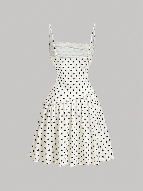 SHEIN Skyraze Women's White With Black Polka Dots Lace Ruffle Strap Mini Dress,Modest Ruffled Hem Camisole,Y2K Flirty Summer Picnic Retro Cute Dresses For Woman