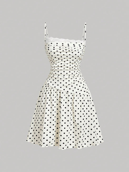 SHEIN Skyraze Women's White With Black Polka Dots Lace Ruffle Strap Mini Dress,Modest Ruffled Hem Camisole,Y2K Flirty Summer Picnic Retro Cute Dresses For Woman