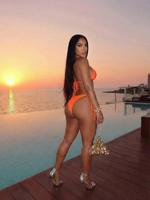 طقم بكيني شاطئي كاجوال Slaydiva 2026 من شي إن + بنطلون شفاف مطاطي بكشكشة فريدة من 3 قطع، لباس سباحة صيفي أنيق للعطلات