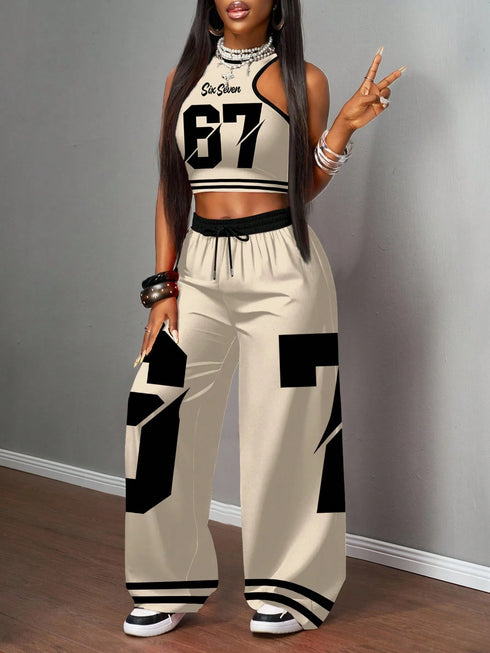 SHEIN Slaydiva طقم من قطعتين/مجموعة للنساء كاجوال بيج صيفي ملابس الشارع جيم حمالة ضيقة وبنطلون فضفاض، للنساء