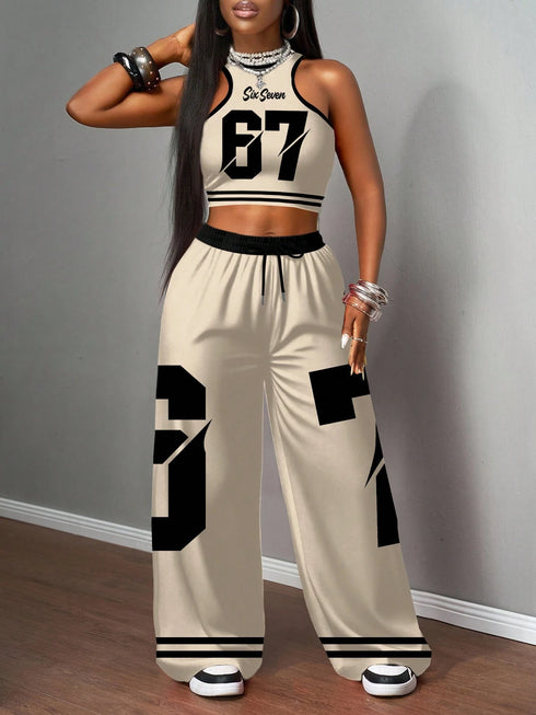 SHEIN Slaydiva طقم من قطعتين/مجموعة للنساء كاجوال بيج صيفي ملابس الشارع جيم حمالة ضيقة وبنطلون فضفاض، للنساء