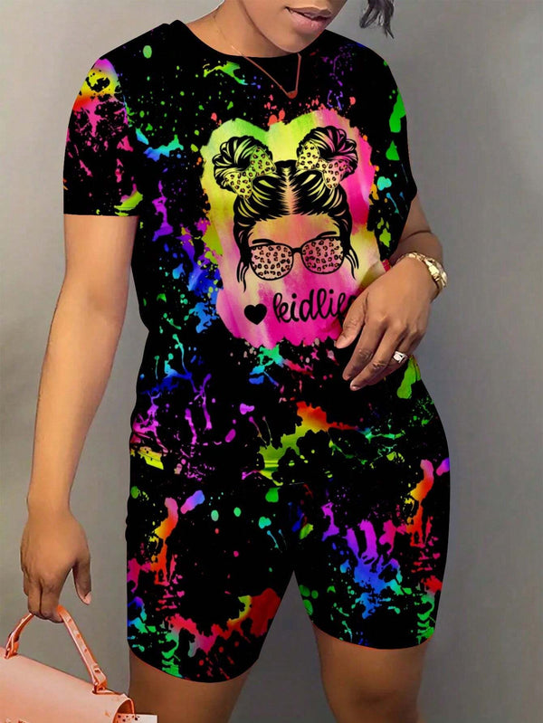 SHEIN 2pcs Set Neon Tie Dye & Portrait Printed Matching Top