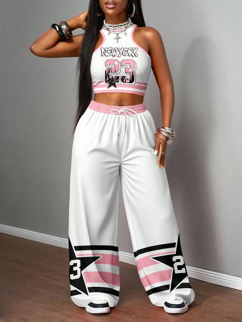 SHEIN Slaydiva طقم من قطعتين للنساء كاجوال على الموضة طبعة حروف وأرقام "23 Star New York" ضيق بدون أكمام