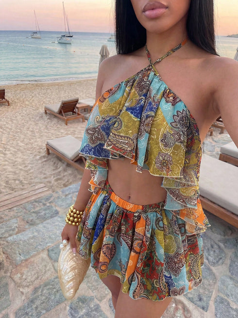 SHEIN Slaydiva Slayr 2026 Blue Chiffon Special Print Ruffled Strap Swimsuit Cover Up,Elegant Boho Summer Beach Holiday Holiday Casual Vacation Wear