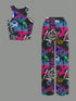 SHEIN Slaydiva Women's Black Summer Streetwear Rave Graffiti Graphic Print Two Piece Pant Set,Casual Camisole And Loose-Fitting Pants Suit,Y2k Hip-Hop Outfits