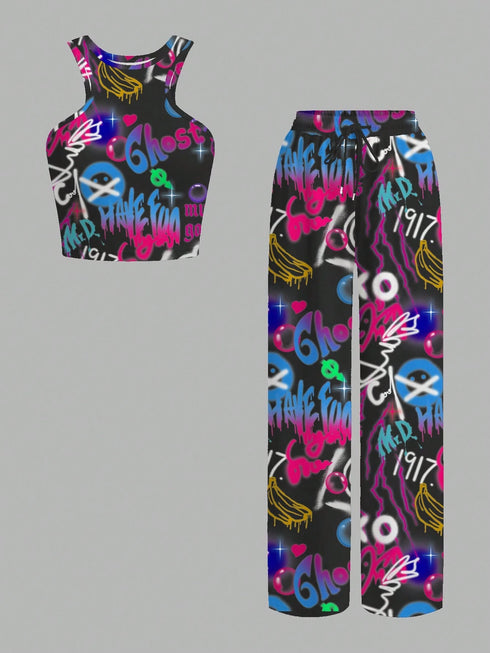 SHEIN Slaydiva Women's Black Summer Streetwear Rave Graffiti Graphic Print Two Piece Pant Set,Casual Camisole And Loose-Fitting Pants Suit,Y2k Hip-Hop Outfits