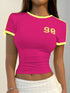 SHEIN StreetHx Women's Solid Color Patchwork Round Neck Short Sleeve Numeric Print Casual Top