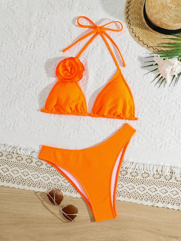 SHEIN Summer Beach Vacation Orange Solid Special Fabric 3D Floral Sexy Tie Swimsuit Set For Women
