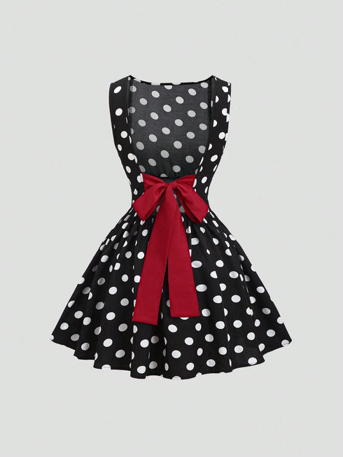 SHEIN Sweetra Women's Fashionable French Romantic Sweet Polka Dot Sleeveless Boat Neck Sexy Backless Contrast Color Tie Cinched Waist A-Line Casual Dress, Spring/Summer
