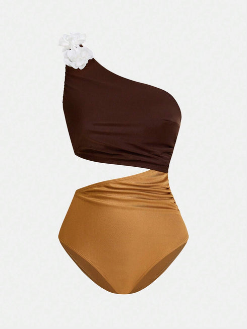 شورت سباحة نسائي من SHEIN Swim Oasis بني اللون مزين بزهور ثلاثية الأبعاد