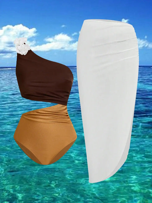 شورت سباحة نسائي من SHEIN Swim Oasis بني اللون مزين بزهور ثلاثية الأبعاد