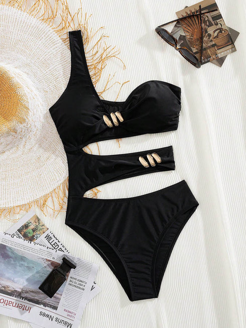 شورت سباحة صيفي أسود مجوف بحمالات كتف من SHEIN Swim Chiccia