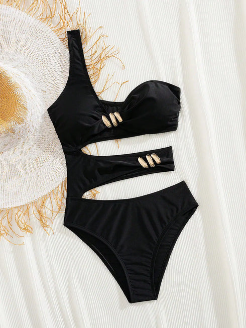 شورت سباحة صيفي أسود مجوف بحمالات كتف من SHEIN Swim Chiccia