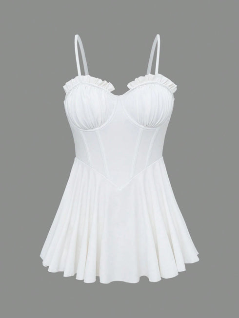 بدلة سباحة نسائية من SHEIN Swim Chiccia، بيضاء بدون حمالات، مزينة بكشكشة وحافة مكشكشة، فستان سباحة أنيق وجذاب للسيدات