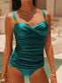 SHEIN Swim Chiccia Women's Short Green Straps Tankini With Elegant Ruched Detail