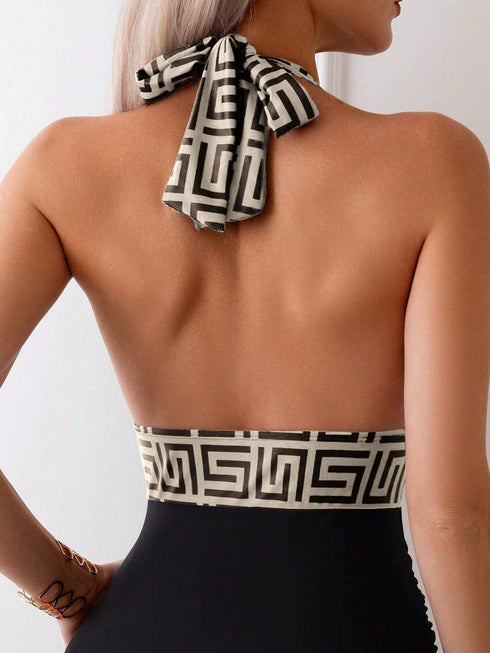 SHEIN Swim Chiccia Women's Vacation Geometric Print Plunging Neck One-Piece Swimsuit For Summer