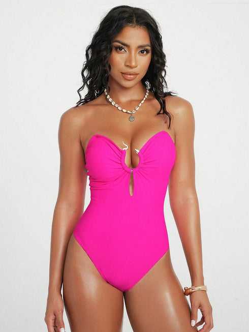 SHEIN Swim EVENT 1pc Spring Break Solid Magenta Color One-Piece
