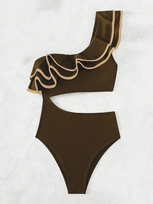 SHEIN Swim Style Ruffle Trim Cutout Sexy One-Piece Swimsuit