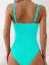 SHEIN Swim Lushoire 2026 ربيع/صيف بدلة سباحة بيكيني نسائية قطعة واحدة مزينة بديكور معدني على شكل حرف U بلون أخضر أنيق بخصر مضبوط وكشكشة