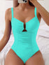 SHEIN Swim Lushoire 2026 ربيع/صيف بدلة سباحة بيكيني نسائية قطعة واحدة مزينة بديكور معدني على شكل حرف U بلون أخضر أنيق بخصر مضبوط وكشكشة