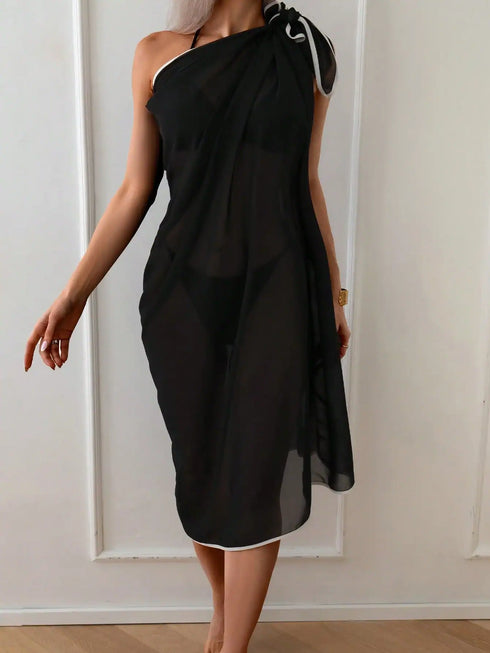 SHEIN Women Solid Trim Contrast Color Modest Chiffon Cover-Up