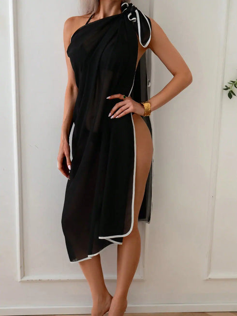 SHEIN Women Solid Trim Contrast Color Modest Chiffon Cover-Up