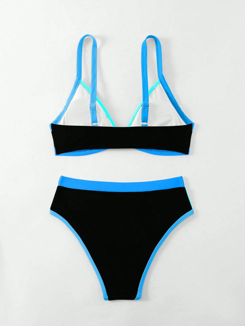 SHEIN Swim Lushoire طقم بيكيني نسائي مثير بلون متباين للشاطئ والصيف