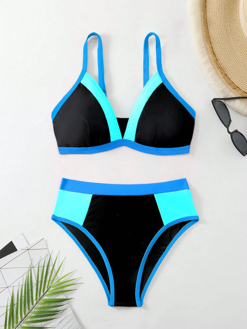 SHEIN Swim Lushoire طقم بيكيني نسائي مثير بلون متباين للشاطئ والصيف
